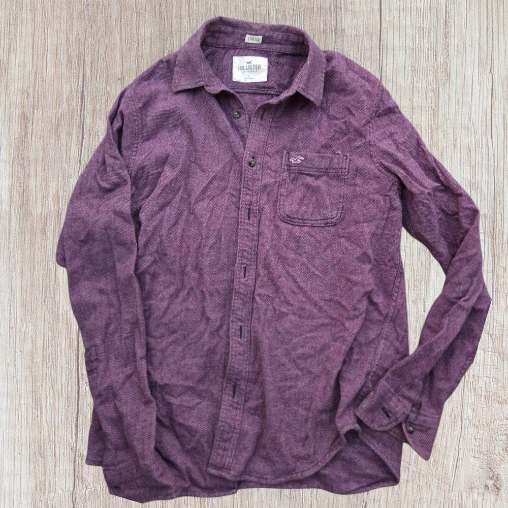 Hollister Men's Casual Burgundy Flannel Shirt - Size L